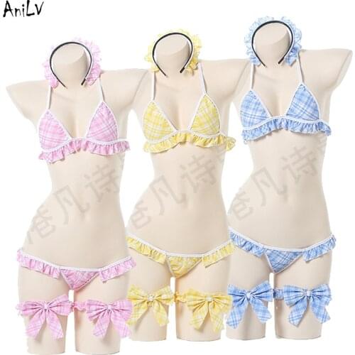AniLV Pool Party Girl Lolita Plaid Bikini Swimsuit Set Underwear Costume Anime Maid Swimwear Uniform Lingerie Cosplay Clothes