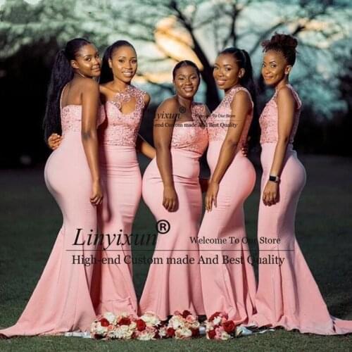 Peach Lace Mermaid Bridesmaids Dresses Long 2021 Sexy One Shoulder Dress For Wedding Party Plus Size Vestido de festa longo