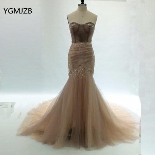 Abendkleider Long Prom Dress 2019 Mermaid Sweetheart Beaded with Long Train Pageant Dress Women Formal Party Evening Gowns