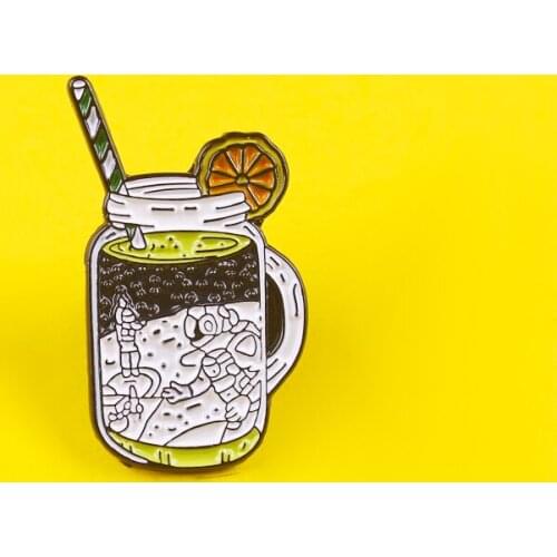 Cup Lemon Fruit Juice Pin Badges Astronaut Metal Brooches Cute Accessories Clothes Lapel Pin Anime Decoration Icon Gift Jewelry
