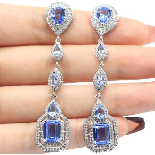 71x15mm Big European Design 19g Round Gemstone Created Blue Aquamarine Zircon For Women Dating Silver Earrings