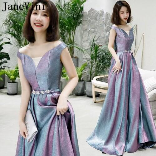 JaneVini Bling Bling Sequined Purple Long Evening Dresses Off Shoulder Beaded Backless A Line Satin Prom Party Gowns Lange Jurk