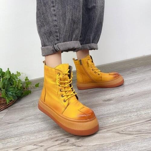 Birkuir Genuine Leather Flat Platform Boots Winter Warm Plush Boots Ankle Boots Lace Up Women Shoes Zipper Leisure Ladies Boots
