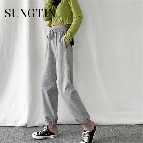 Sungtin High Waist Jogging Pants Women Fashion Soft Joggers Woman All Match New Lace-up Sweatpants Female Quality Elegant 2021
