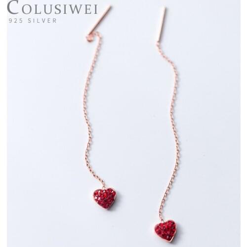 Colusiwei New Arrival 925 Sterling Silver Luxury Red Heart Long Chain Dangle Earrings for Women Fashion Drop Earrrings Jewelry