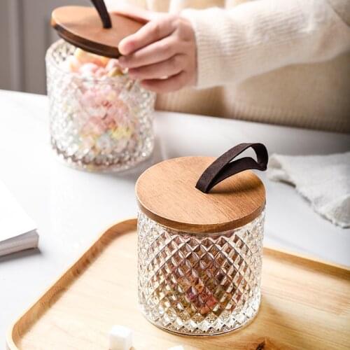 Wooden Cover Diamond Glass Bottle Household Coffee Storage Tank Scented Tea Candy Cookies Storage Glass Box Kitchen Decoration