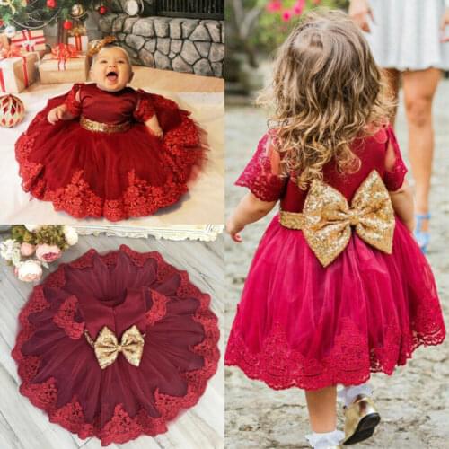 Kids Baby Girl Big Bow Princess Dress Lace Sleeve Sequins High Waist Ball Gown Girls Formal Dress Wedding Birthday Party 0-7Y