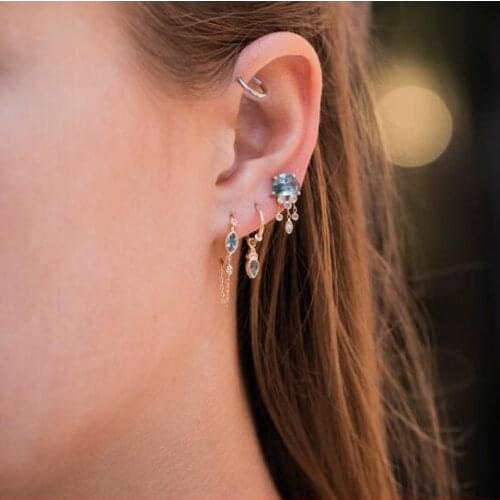 European Ethnic 925 sterling silver stud white green oval birthstone cz with tassel chain romantic fashion girl women earring