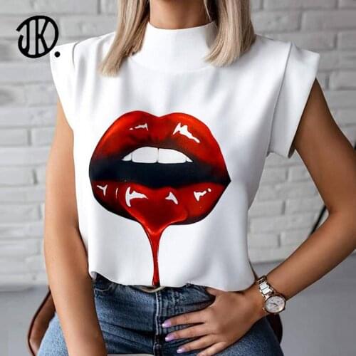 Sexy Female T Shirt Summer Tops Hot Sale Fashion Tees Stand-up Collar Top For Ladies Lips Printed Streetwear Basic Pullovers 2XL