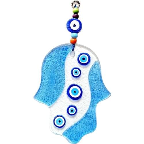 Handmade Blue White Abundance Hand Glass Wall Ornament with Evil Eye Bead