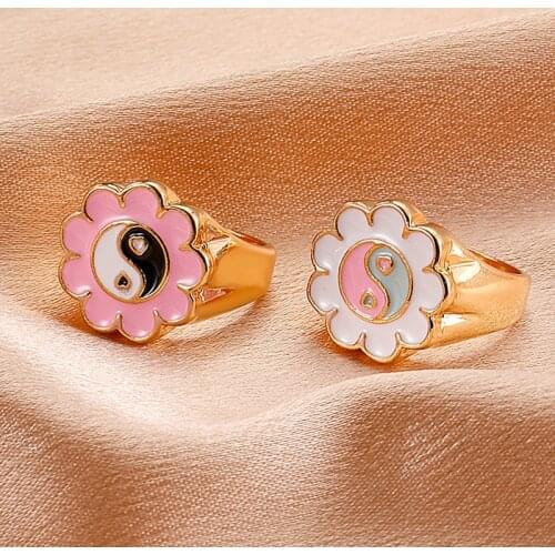 Goth Pink Flower Yin Yang Rings for Women Metal Vintage Punk Fashion Hip Hop Harajuku Y2K Jewelry Rings Charms 90s Aesthetic New