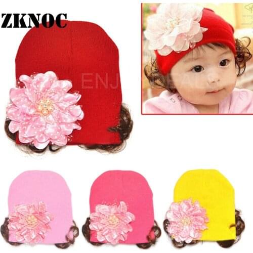 Lovely Baby Winter Warm Hat autumn Fashion Flower Pattern Knitted Earflap Cap with Wig Acrylic Fiber for 6 months~3 years old