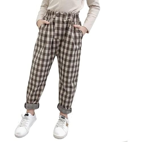 Fashion Girl Boys Plaid Pants British Style Casual Letter Stripe Kids Trousers for Teens Girl Wearing Children Beam Foot Pants