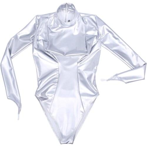 Breast 3D Design High Cut Thong Bodysuit Turtleneck Patchwork Body Sculpting PVC Catsuit Silver Faux PU Leather Leotard Teddies