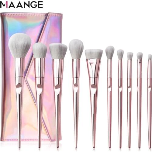 MAANGE 10 Pcs Pink Makeup Brushes Set with Bag Beauty Blush Powder Foundation Concealer Eyeshadow Brush Facial Cosmetic Tools