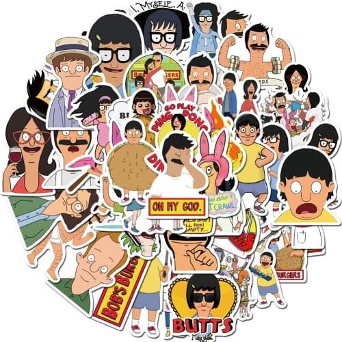 50pcs Cartoon Bobs Burgers Funny Stickers For Laptop Luggage Skateboard Water Bottle Guitar Fridge Decal Stickers