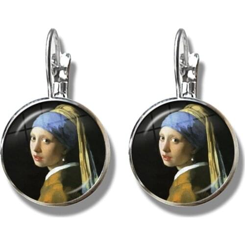 Charm Girl Wearing Pearl Johannes Vermeer Art Oil Painting Stud Earrings 16mm Glass Cabochon Jewellery For Women Girls Gift