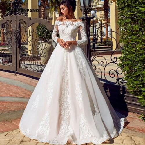 Custom Made Off the Shoulder Chapel Train Button Wedding Dress High-End Full Sleeve Embroidery Appliques Tulle Bridal Ball Gown