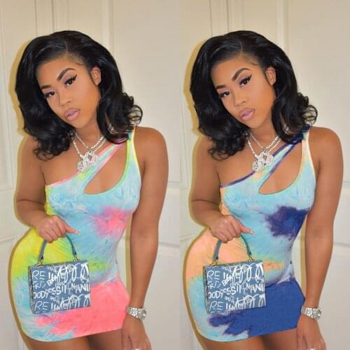 One Shoulder Sexy Sleeveless Dress Summer Bodycon Mini Sundresses Woman Tie Dye Cut out Club Dresses Party Wear Boho Streetwear