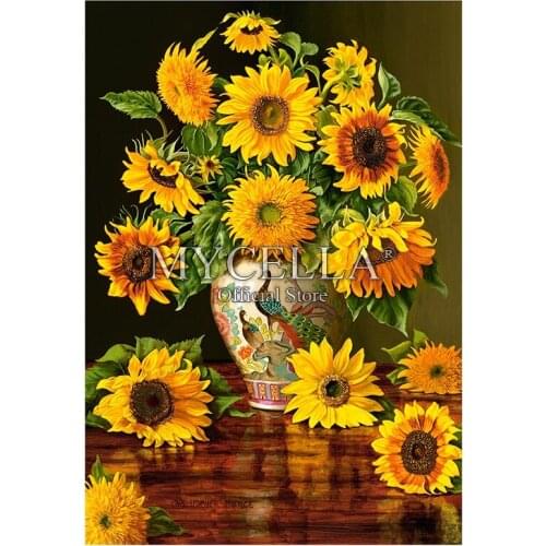 Full 5D Diy Diamond Painting Sunflowers in a Peacock Vase sunflower Rhinestone Diamond Embroidery Mosaic Home Decor gift Posters