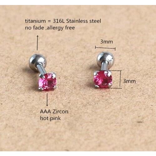 Titanium Screw Stud Earrings With 3mm Hot Pink AAA Zircon 316L Stainless Steel No Fade No Allergy