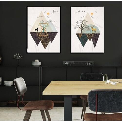 Nordic Geometric Mountain Deer Tree Abstract Poster Landscape Canvas Painting Modern Home Decoration Wall Pictures For Bedroom