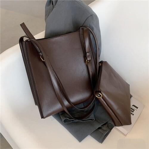 Vintage Bucket Shoulder Bags For Women Large Capacity High Quality Ladies Composite Bags Work PU Leather Handbags 2021