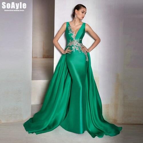 Impressive Green Satin mermaid Evening Dress Wide V-Shaped Neckline Embroideries Waist Silk Organza Overlay Prom Gown SoAyle