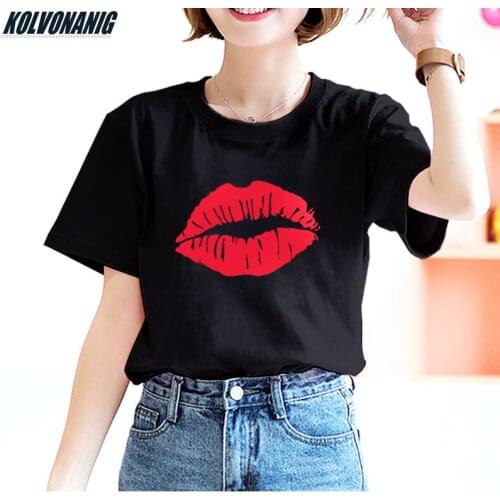 Lady Red Lips Offset Printed T Shirt Women Casual Short Sleeve Black/White/ Red Loose And Comfortable Cotton Harajuku T-Shirts