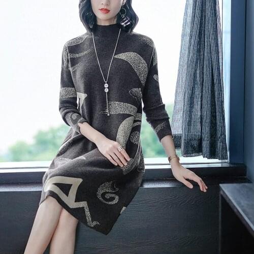 020 Autumn and Winter Clothing Women New High Neck Long Sleeve Jacquard Knitted Dresses Ladies Mid-Length Sweater Dress y344