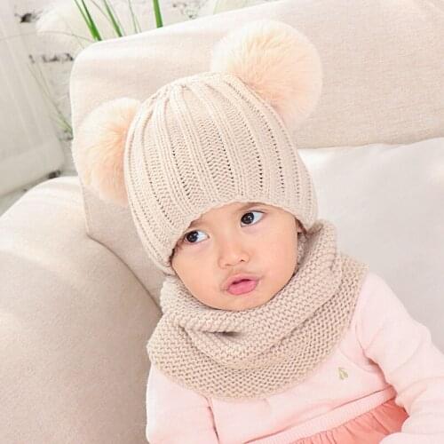 2Pcs Baby Hat Scarf Set Warm Winter Pompom Baby Boys Girls Hat Bonnet Neck Warmer Knitted Infant Toddler Hat