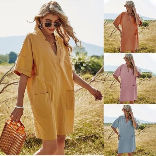 2021 new womens dress solid color V-neck akimbo pocket A-line casual loose short-sleeved dress women