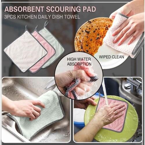 3 PCS Kitchen Daily Dish Towel Dish Cloth Kitchen Rag Non-Stick Oil Absorbent Square Scouring Pad Absorbent Cleaning Cloth
