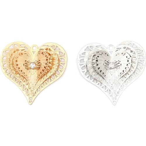 3 PCs Copper Valentines Day 3D Hollow Heart Pendants Hearts Filigree Stamping Charms Clear Rhinestone 43x 43mm Jewelry Finding