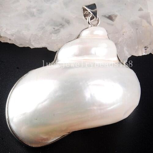 Free Shipping Women Fashion Jewelry 40x33mm Beautiful White Mother of pearl Shell Oval Snail Pendant Bead C3789