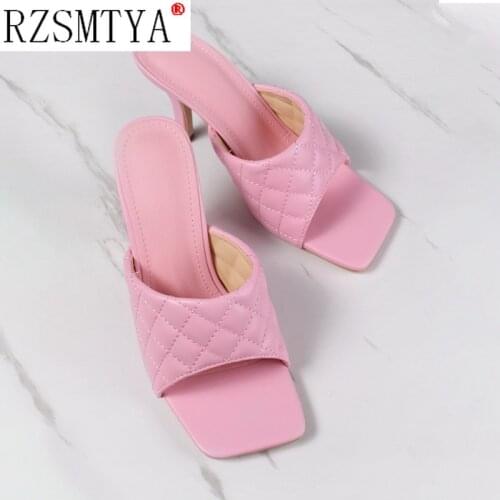 Marian Sqaure Toe Quilted Mule Heels Shoe Black PU High Heel Shoes Women Sandals Sliper Woman Shoes Zapatos Mujer White
