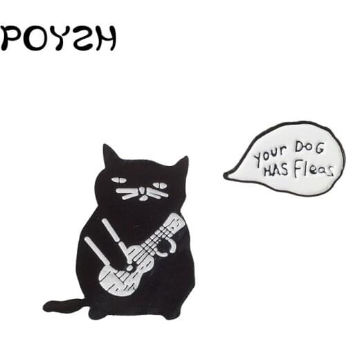 Black cat Enamel Pin Mr. Kitty playing guitar Lapel Pin White bubbles Dialog box Creative custom Badge Cute animal jewelry gifts