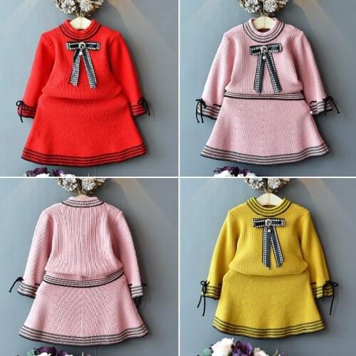 Baby Girl Winter Clothes Suit Elegant Bow Knitted Sweater T-Shirt And Skirt Two Piece Solid Childrens Autumn Clothing Sets