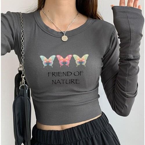 Creative Butterfly Shirt Summer Punk Cool for Girls Cotton Clothes Pullover T Shirt Crop Top Long Sleeve Harajuku Aesthetic Tees