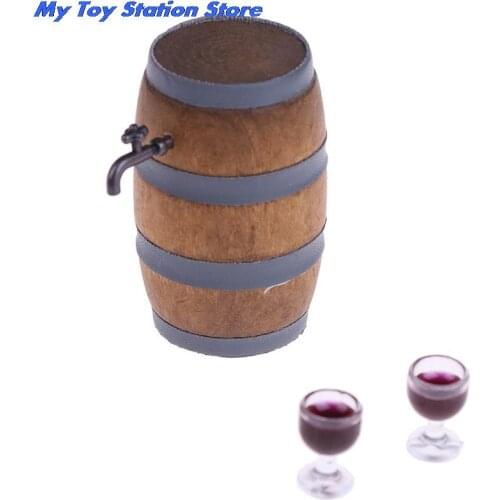 Mini 1:12 Scale Dollhouse Miniature Wine Beer Barrel Beer Cask Beer Keg and Wine Glass Set for Dolls House Decor Accessories