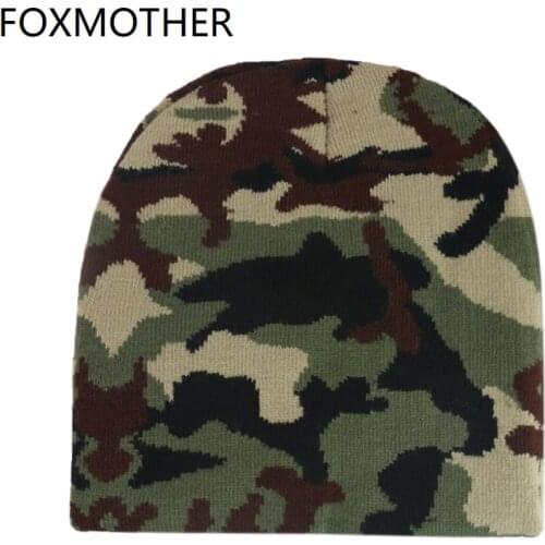 FOXMOTHER New Winter Outdoor Warm Knitted Army Green Camouflage Beanie Hats For Mens Bonnet Gorro