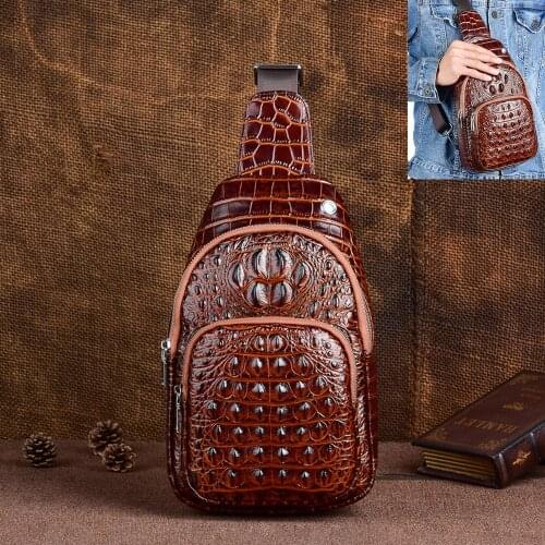 Genuine Leather Men Messenger Chest Bag Rucksack Knapsack Retro Designer Crocodile Pattern Male Cowhide Sling Daypack Backpack