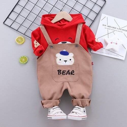 Spring Autumn New Boy Clothes Cartoon Cute Bear Hooded Top With Overalls Outfits Toddler Kids Baby Girl Clothes Set For 0-4T