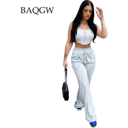 Streetwear Solid Single Breasted Sleeveless Crop Top Loose Pants Two Piece Set Casual Summer High Waist Sweat Suit Outfits 2XL