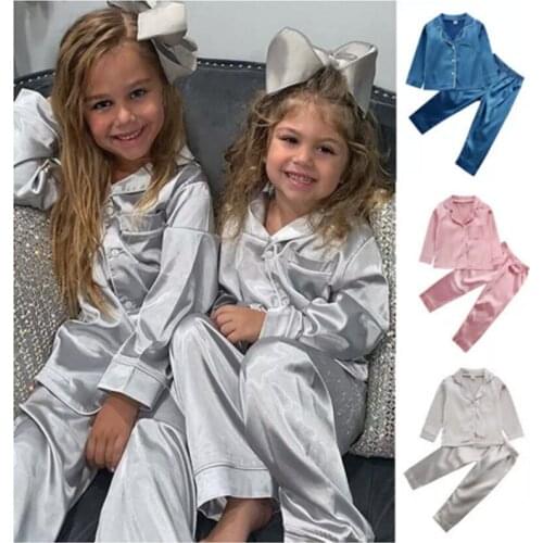 2pcs Infant Baby Boy Girl Pajamas Silk Satin Top Pant Long sleeve Solid Button-Down Pyjamas Satin Set Nightgown Child Sleepwear
