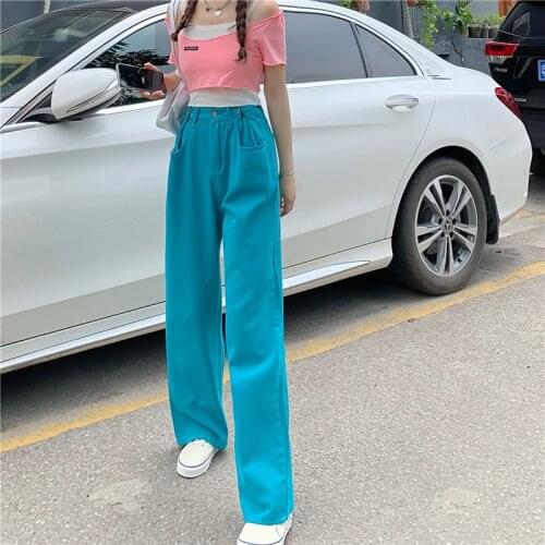 Wide Leg Pant Women Clothing Jeans Femme Taille Haute High Waist Jean Droit Pantalon Rose Blanc Green Denim Trousers A187