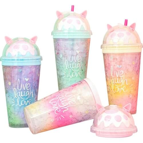 Straw Cup with Cat Claw Shape, Bright Gradient Colors Leakproof Drinking Water Bottle
