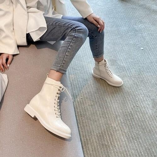 2020 white PU leather autumn motorcycle platform ankle boots ladies low heel platform high top women shoes