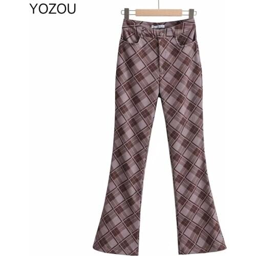 2021 Plaid Y2K Vintage E-girl Womens Streetwear Classic High Waisted Flared Pants Trouser Korean Fashion Soft Girl Trendy Cloth