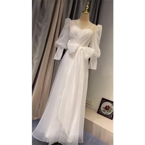 2021 Pretty Floor Length Two Piece A-Line Satin Sheer Back V-Neck Simple Plain Wedding Dress Bride Gown Vestidos De Novia